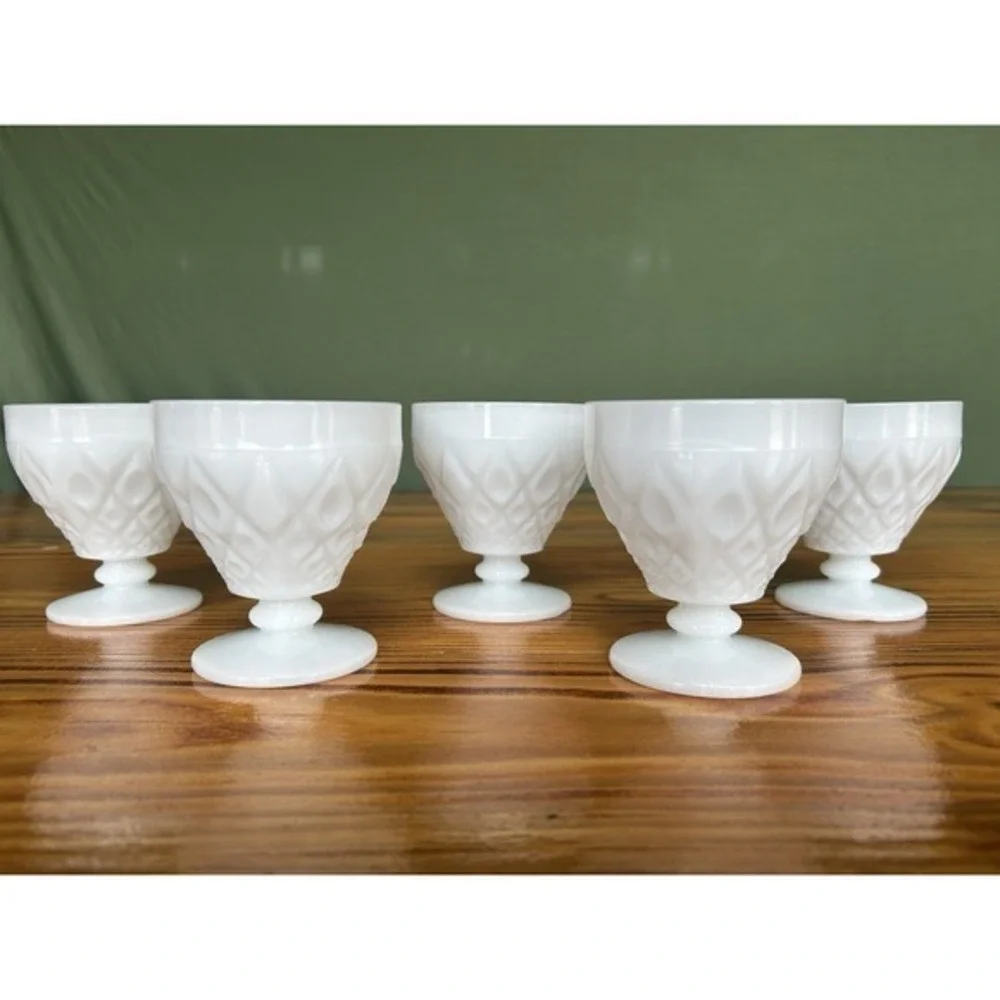 5-PC‎ Milk Glass Footed Drinking Goblet Cups Diamond Geometric 3D Design